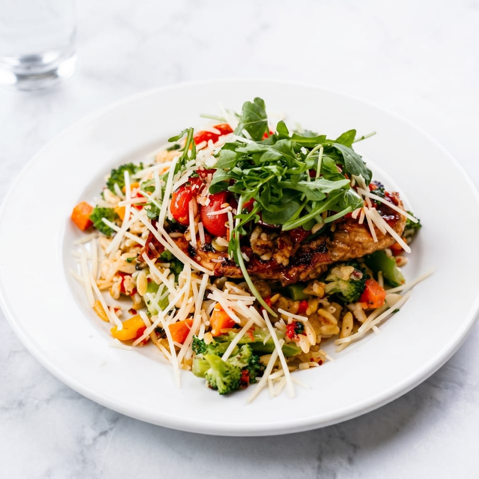 Grilled chicken with orzo, broccoli, carrots, tomatoes, arugula, and shredded cheese on a white plate.
