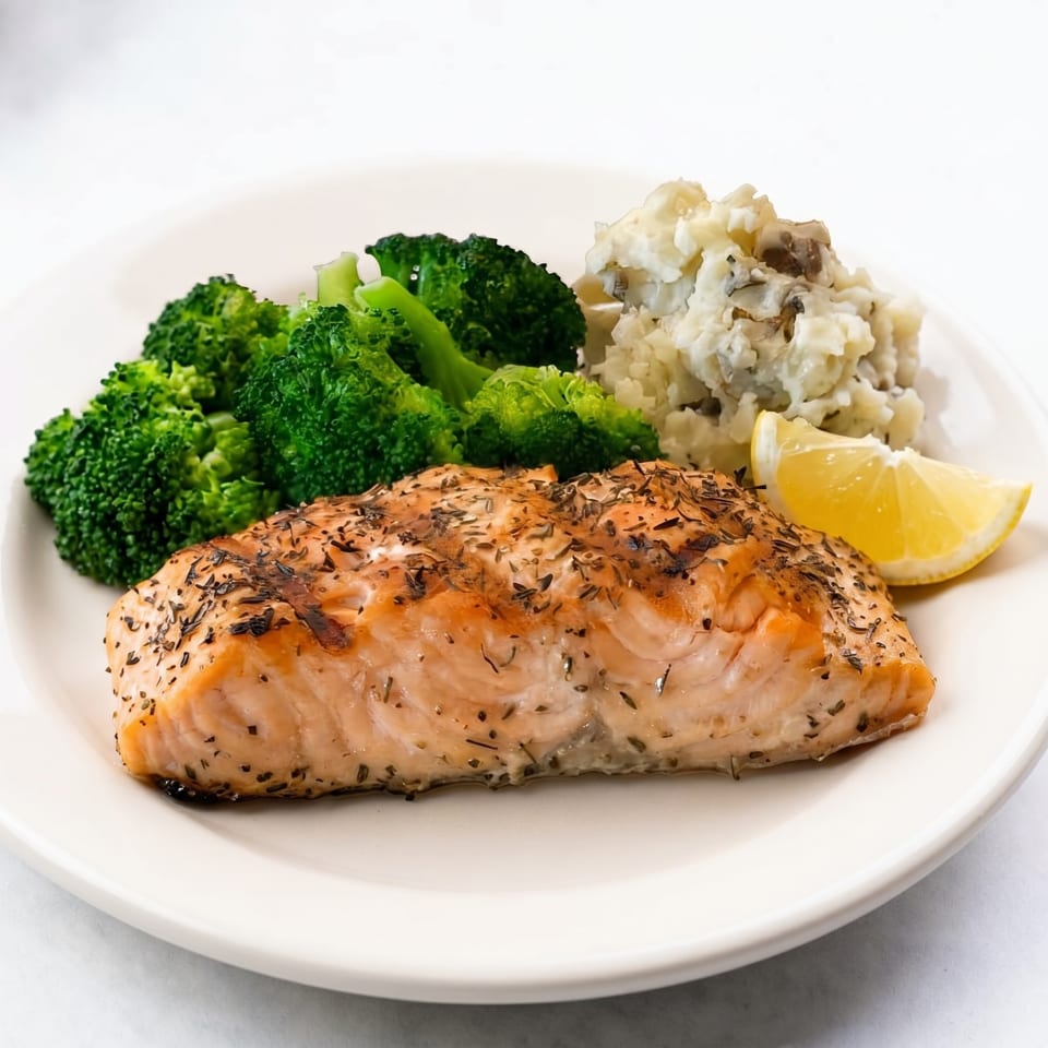 Herb-crusted salmon with a lemon wedge, mashed potatoes, and broccoli florets on a white plate.