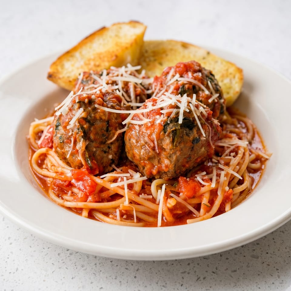 Spaghetti and meatballs with tomato sauce, parmesan cheese, and garlic bread on a white plate.